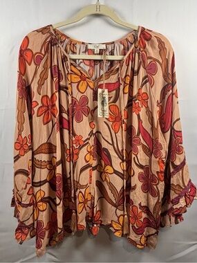 Easel Bohemian Peach Floral Tie-Neck Peasant Blouse